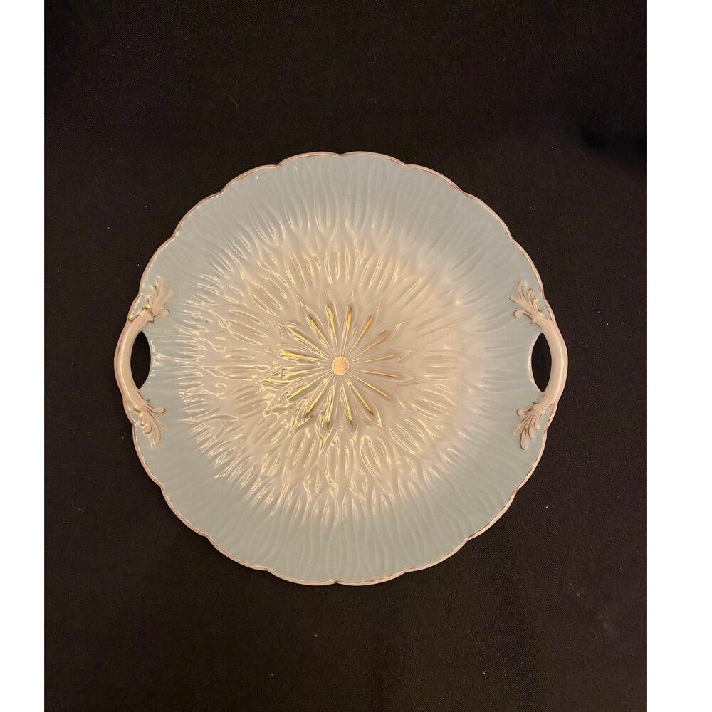 Vintage Atomic Design Serving Platter Blue, White, Gold Flower Design Porcelain